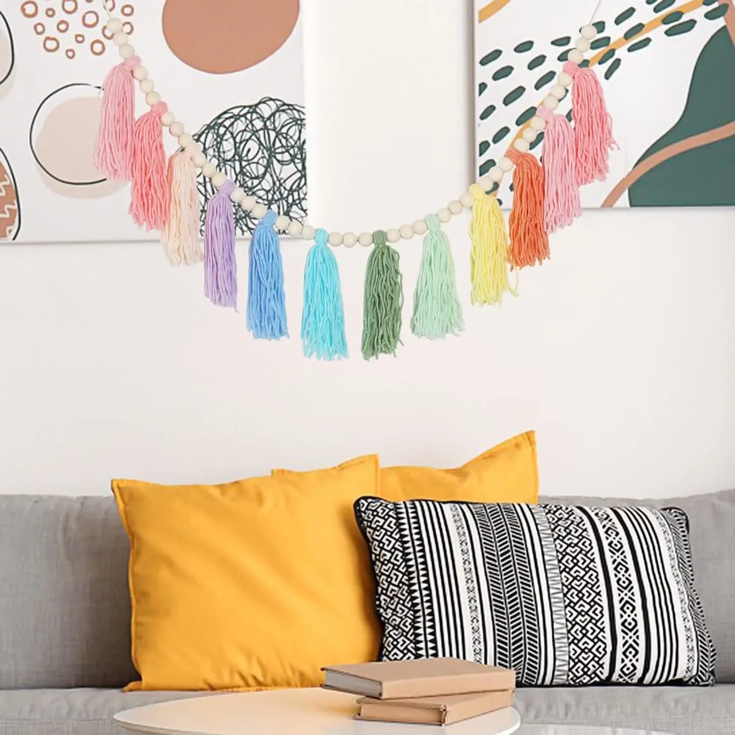 Rainbow Tassel Garland Colorful Pom Garland Wood Bead Easter Spring Girls Bedroom Wall Party Birthday Baby Shower Decor Oasis Select