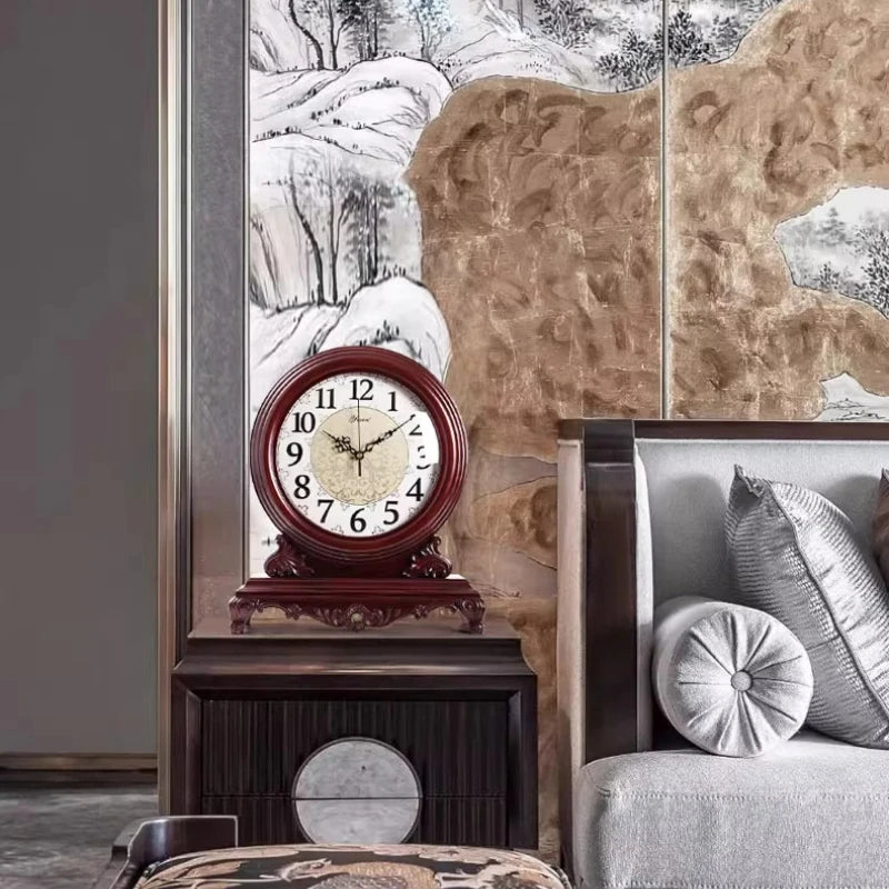 Solid Wood Retro Light Luxury Home Clock Living Room Chinese High-end Atmospheric High-end Desktop Clock Oasis Select