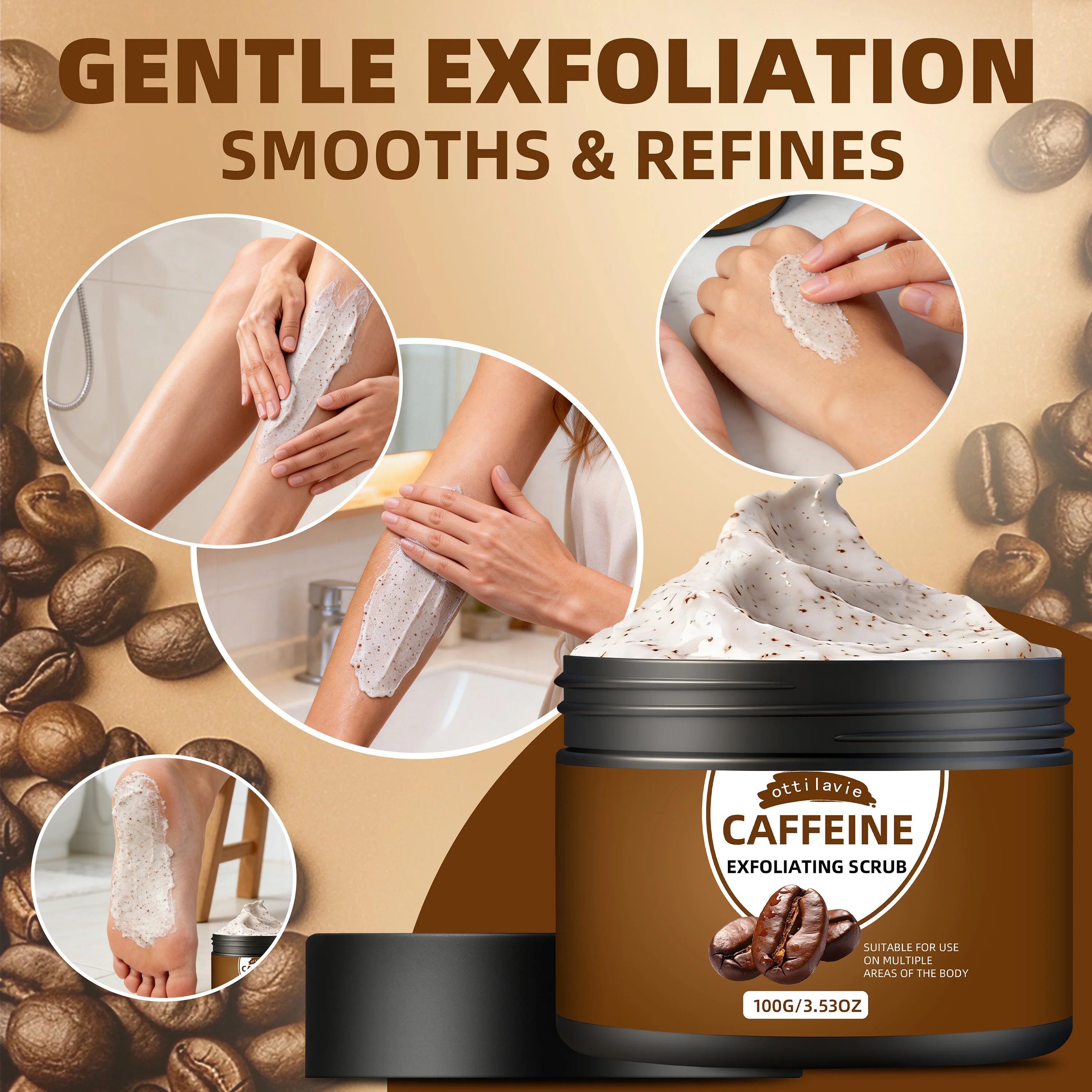 Ottilavie Caffeine Exfoliating Scrub, Gentle Exfoliating Deep Cleansing For Hands, Feet & Body, Daily Skincare Routine Oasis Select