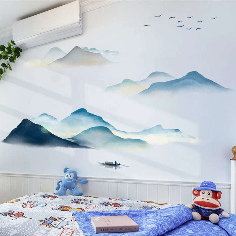 Ink Smudge Light Blue Mountain Background Wall Decoration Stickers Bedroom Bedside Chinese Artistic Conception Wall Stickers Oasis Select