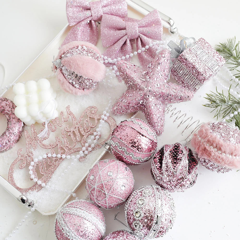 Christmas Tree Ornaments Pink Foam Ball Bow Tree Top Star Xmas Tree Hangings Pendant Party Decorations Supplies 2025 New Year Oasis Select