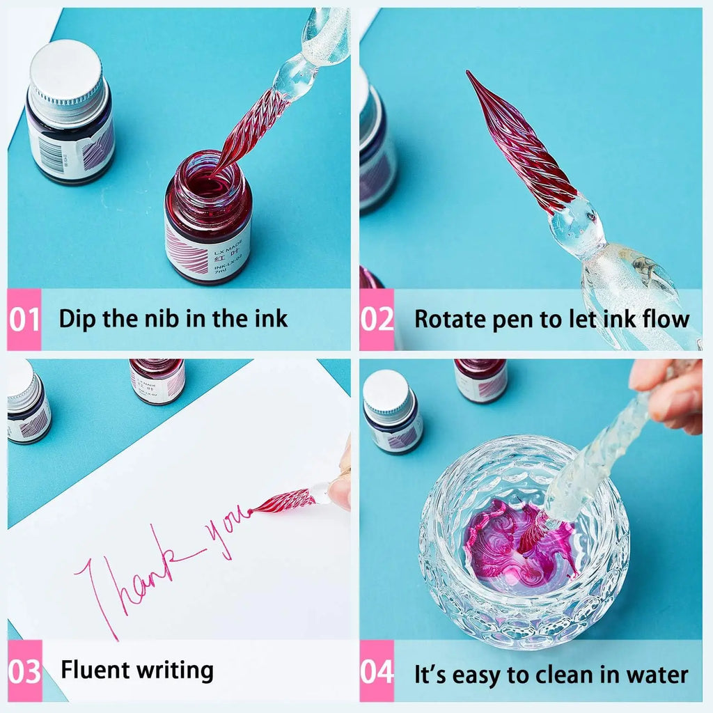 Handmade glass dip pen, Christmas crystal glass signature calligraphy vintage dip pen with peanut-shaped pen holder, ideal gift. Oasis Select