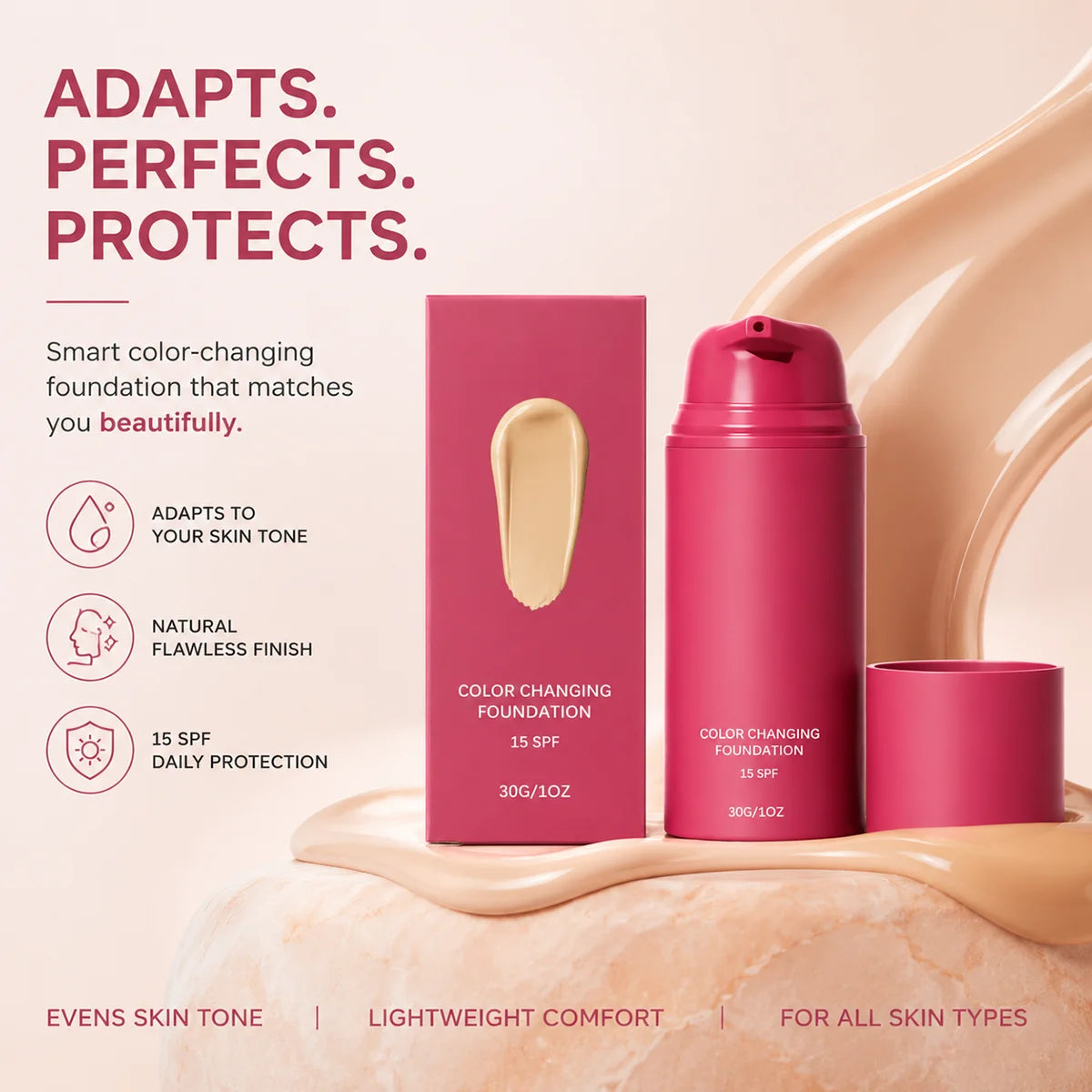 Color Changing Foundation SPF15 Skin Tone Adapting Liquid for Women Self Adjusting Finish Blurs Imperfections Face Makeup Oasis Select