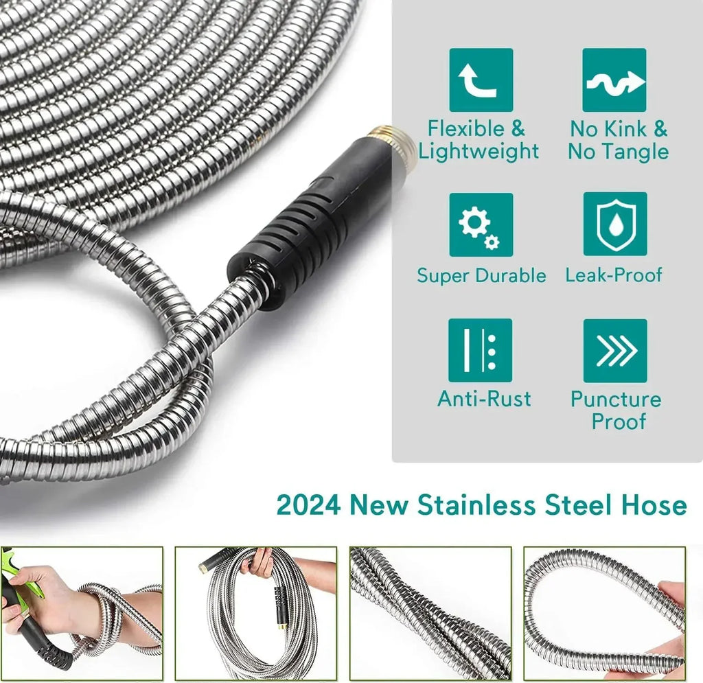 75ft Stainless Steel Garden Hose Metal Water Hose Patio Outdoor RV Car Wash Hose Watering Gun Hose Gardening Accessories Oasis Select