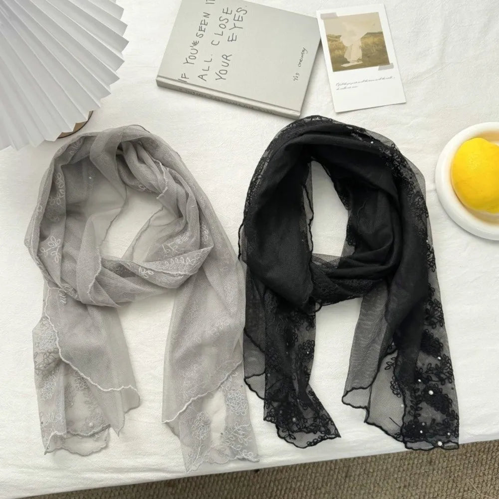 Retro Lace Long Scarf Embroidered Flower Small Flower Headscarf Tide Long Thin Neckerchief Spring and Summer Oasis Select