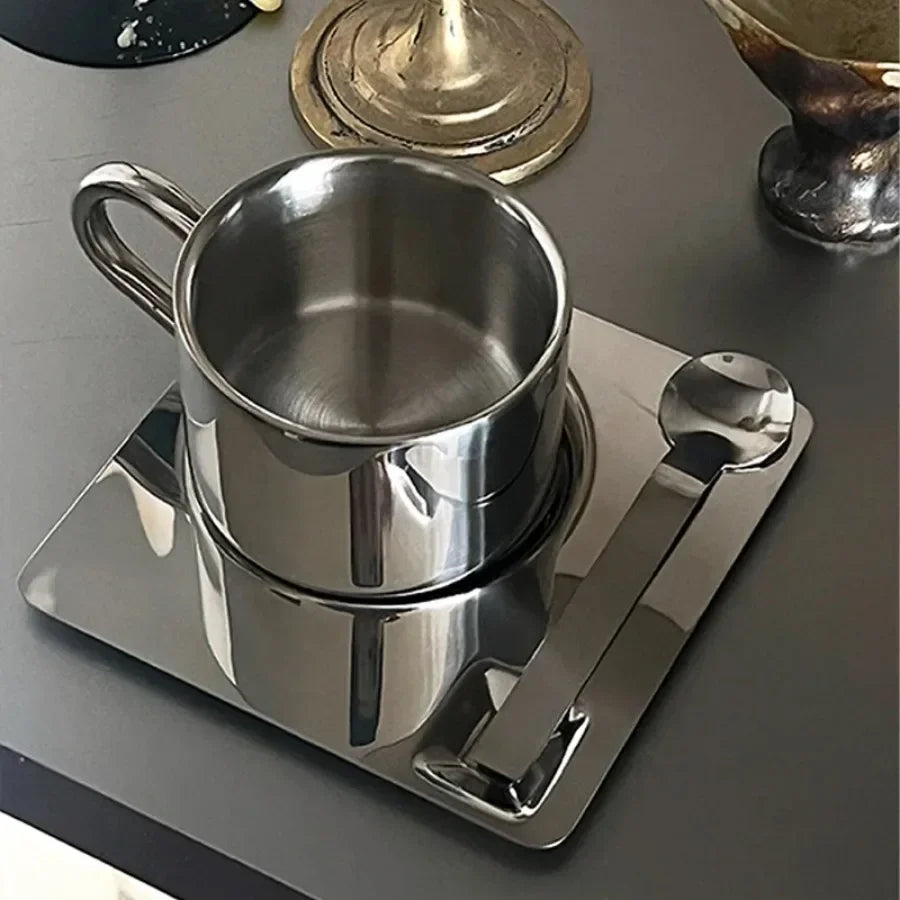 Minimalist Nordic Mug 3pcs Set 304 Stainless Steel Coffee Mug Heat Resistant Milk Cup with Saucer Spoon Placemat Tableware Set Oasis Select