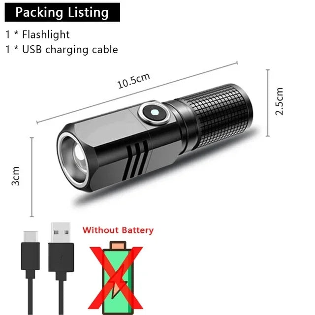 Super Bright Mini LED Flashlight USB Rechargeable Zoom Tactical Flashlight 3 Lighting Mode Outdoor Camping Fishing Torch Oasis Select short No battery