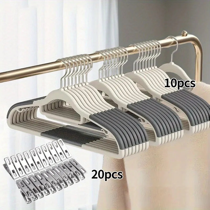 30pcs（10 hangers+20 clips） Anti Slip Hangers Set - Heavy Duty Velvet Clothing Hangers for Wardrobe, Multiple Colors Oasis Select Gray