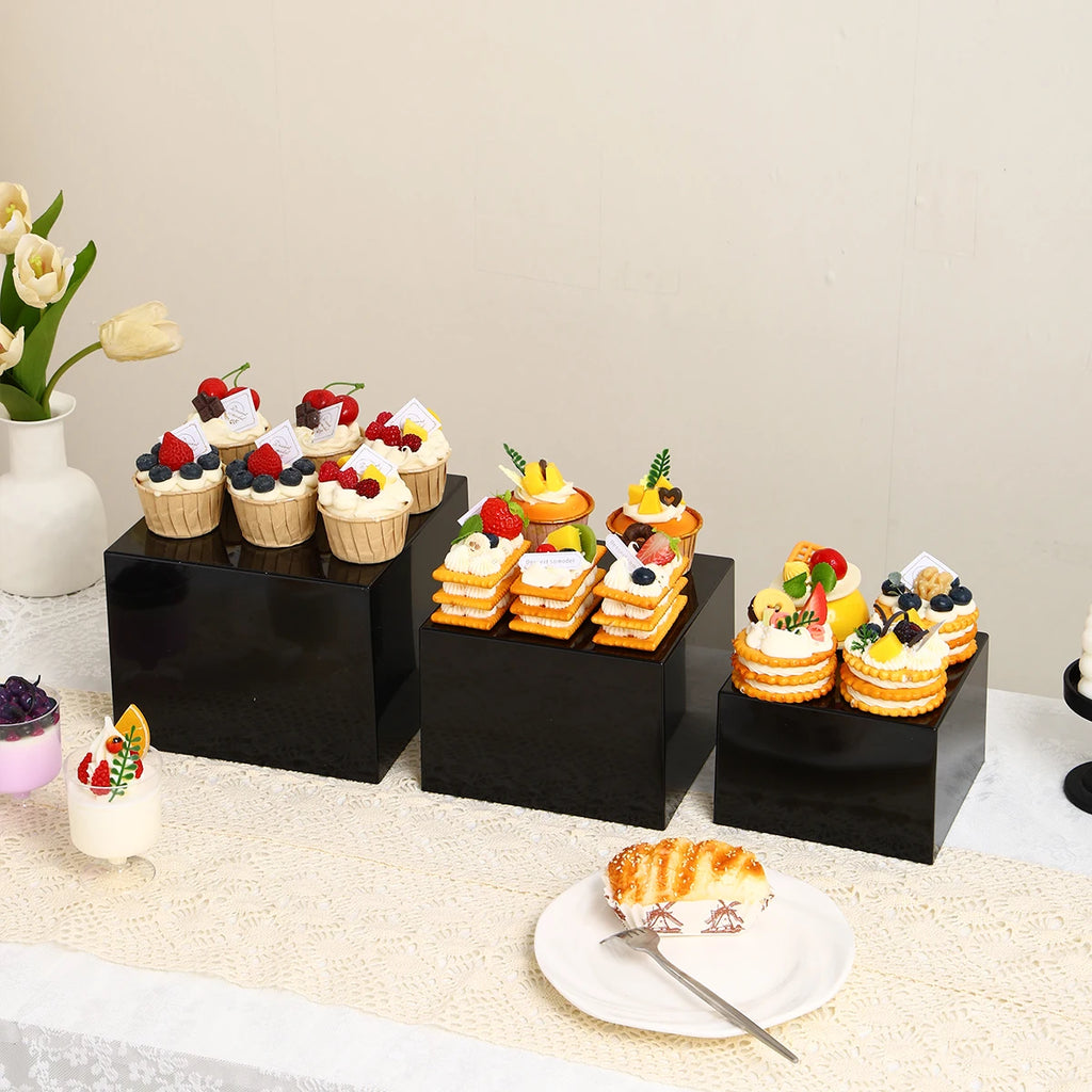 3pcs/4pcs Cube Glossy Black/Semi Transparent Black Acrylic Dessert Cake Display Stand Durable Wedding and Celebration Stand Oasis Select