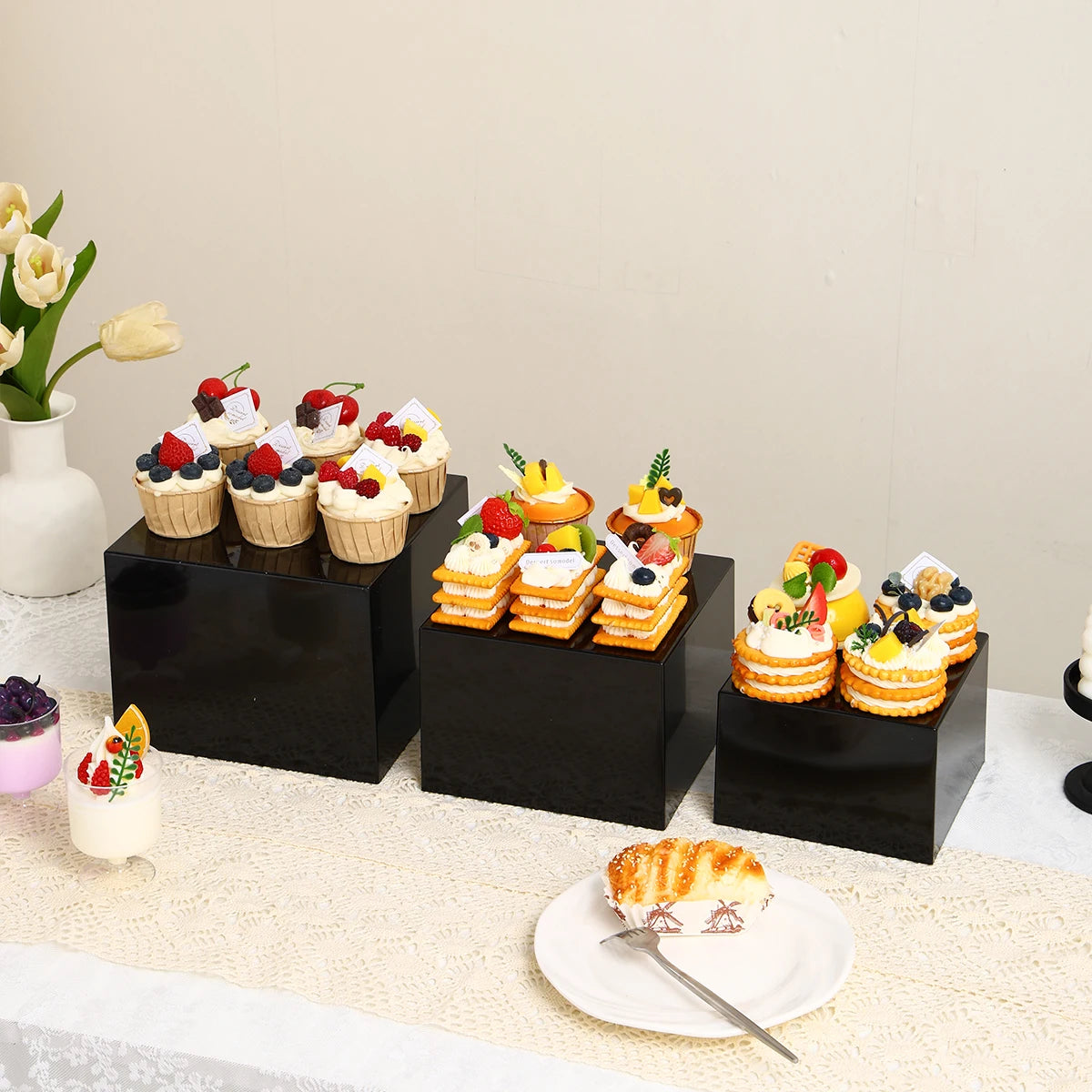 3pcs/4pcs Cube Glossy Black/Semi Transparent Black Acrylic Dessert Cake Display Stand Durable Wedding and Celebration Stand Oasis Select
