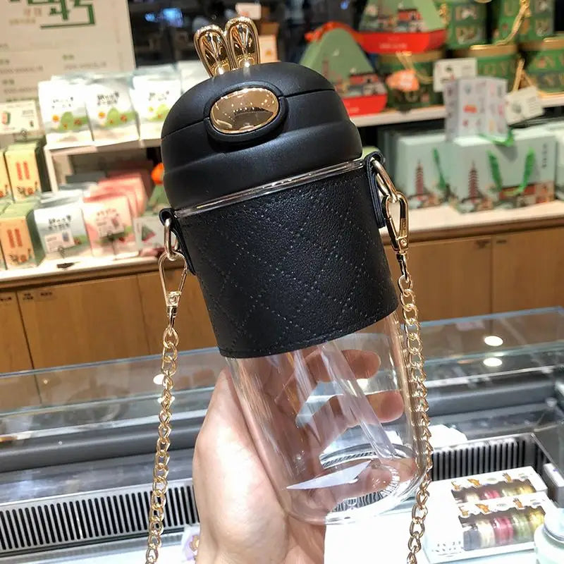 1 PCS Cute Bunny Ear Clear Large Capacity Water Bottle Pearl Strap Cartoon Decors For Girls Daily Use Oasis Select black580ml H