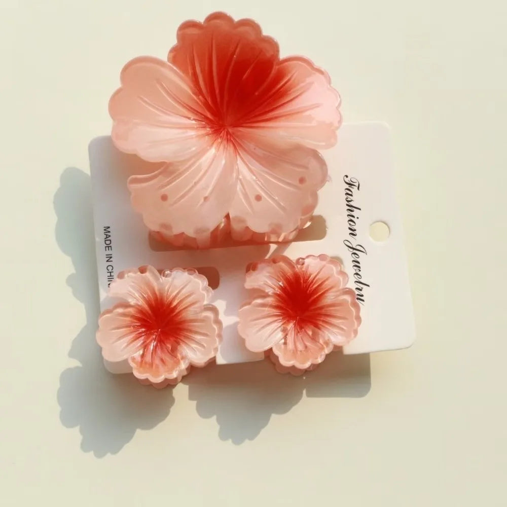 3Pcs/Set Gradient Hair Claws Hibiscus Acrylic Hawaiian Flower Hair Clip Clamp Sweet Flower Ponytail Clip Summer Hair Accessories Oasis Select Red