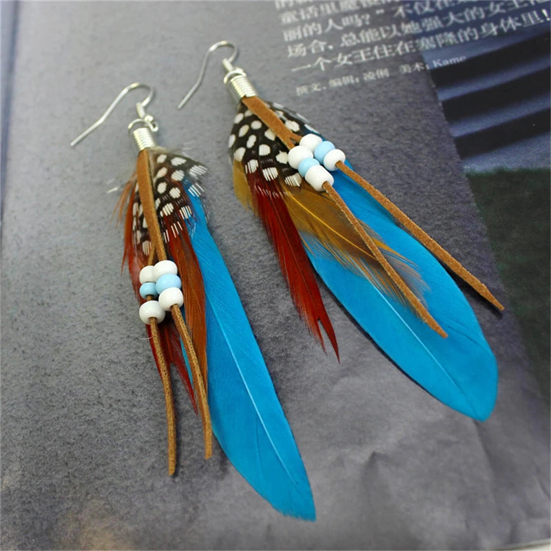 Tassel Dangling Earrings Colorful Feather Leather Beads Earrings Indian Feathers Summer Womens Fashion Jewelry Oasis Select MR-09