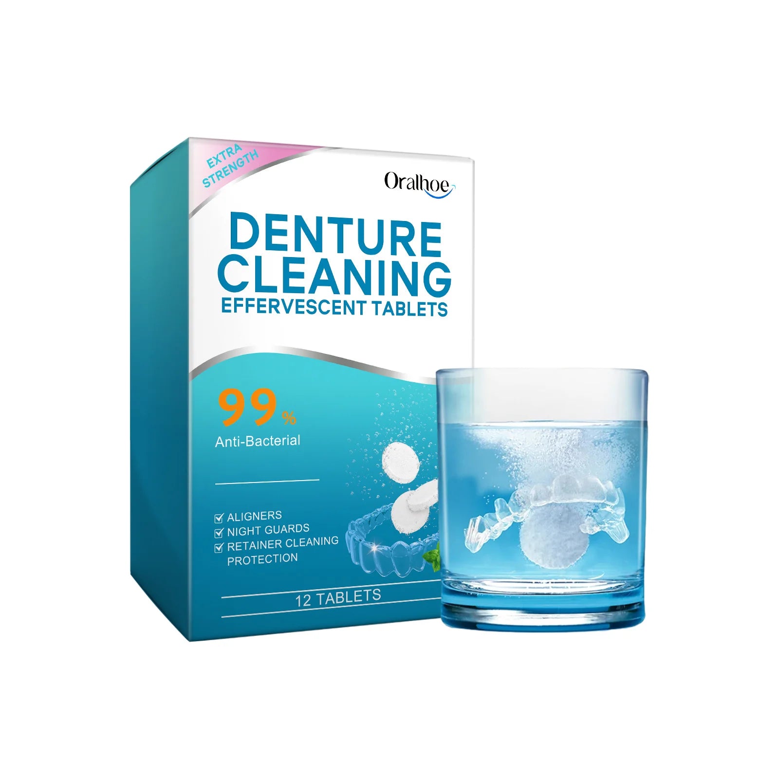Denture Cleaning Tablets Whitening Removing Stains Plaque Fresh Breath Antibacterial Portable False Teeth Effervescent Pills Oasis Select 12 TABLETS