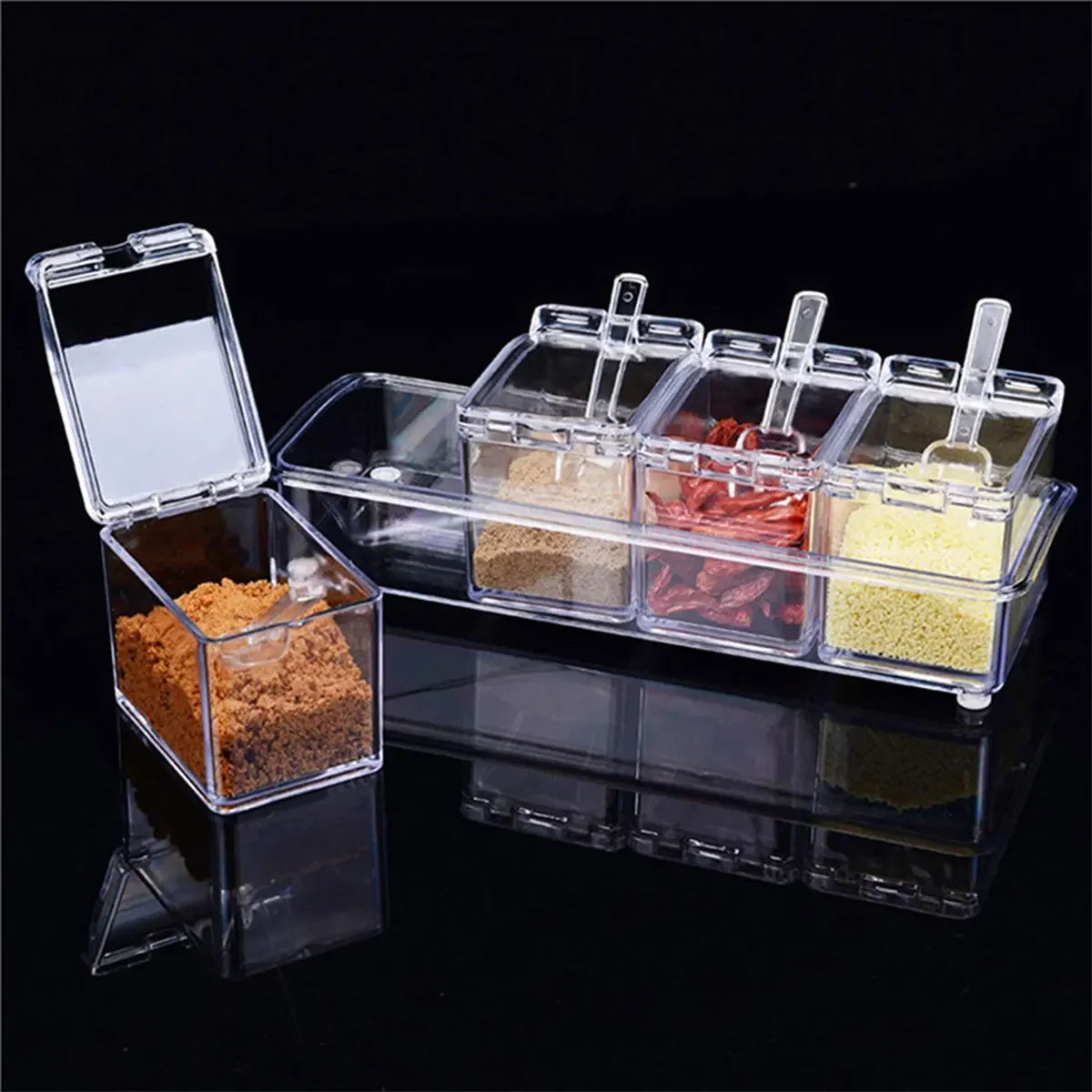 Clear Spice Seasoning Box Set of 4 with Spoons | Kitchen Storage Spice Storage Set Oasis Select
