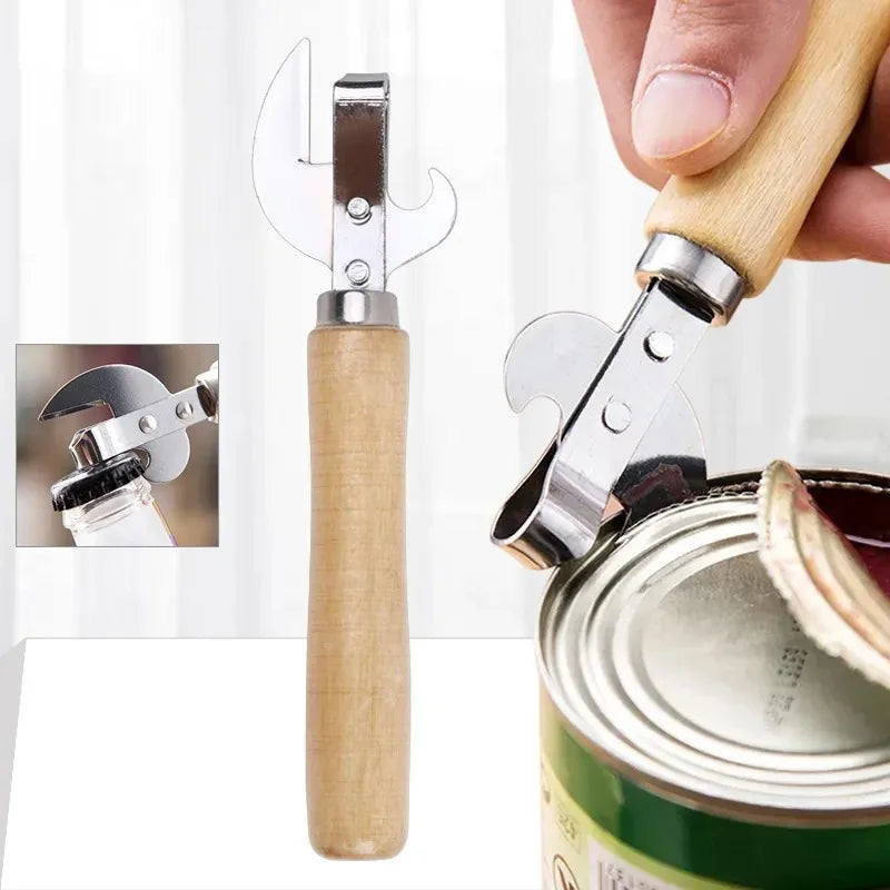 Kitchen Can Opener With Wooden Handle Stainless Steel Bottle Easy Open Tool For Cans Fruit Vegetable Washing Basket Drain Box Oasis Select