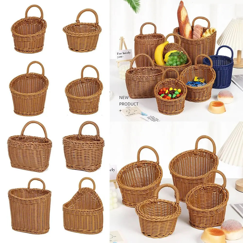 Imitation Rattan Kitchen Storage Basket with Handle Brown Hand-woven Hanging Baskets Home Decoration Living Room Oasis Select
