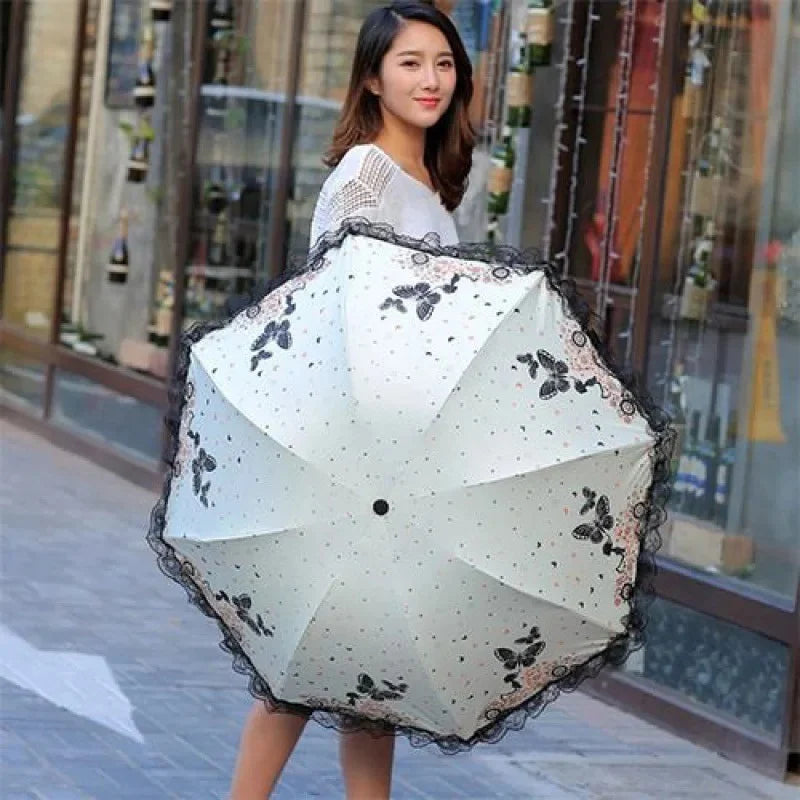 Butterfly Lace Printed Sunshade Umbrella For Both Rain Triple Fold Wind Resistant and Sun ResisTant Black Rubber Umbrella Oasis Select