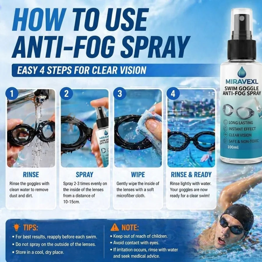 MIRAVEXL Swim Goggles Anti-Fog Spray Defogger Lens Cleaner for Diving Mask Swimming Glasses with Free Cleaning Cloth Oasis Select