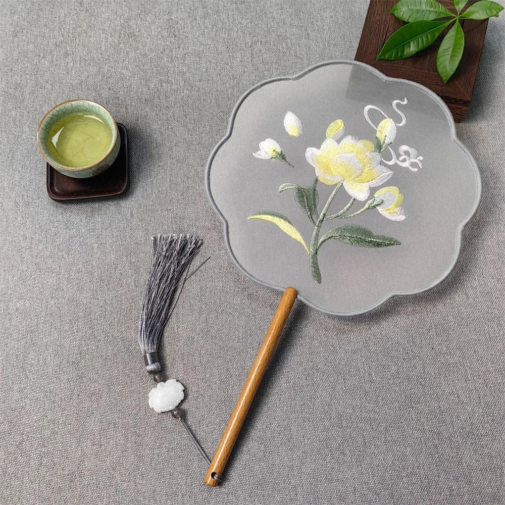 Flower Embroidered Silk Round Fan Chinese Hand Fans with Wooden Handle Tassel Wedding Party Dance Accessories Home Decor Oasis Select Style 7
