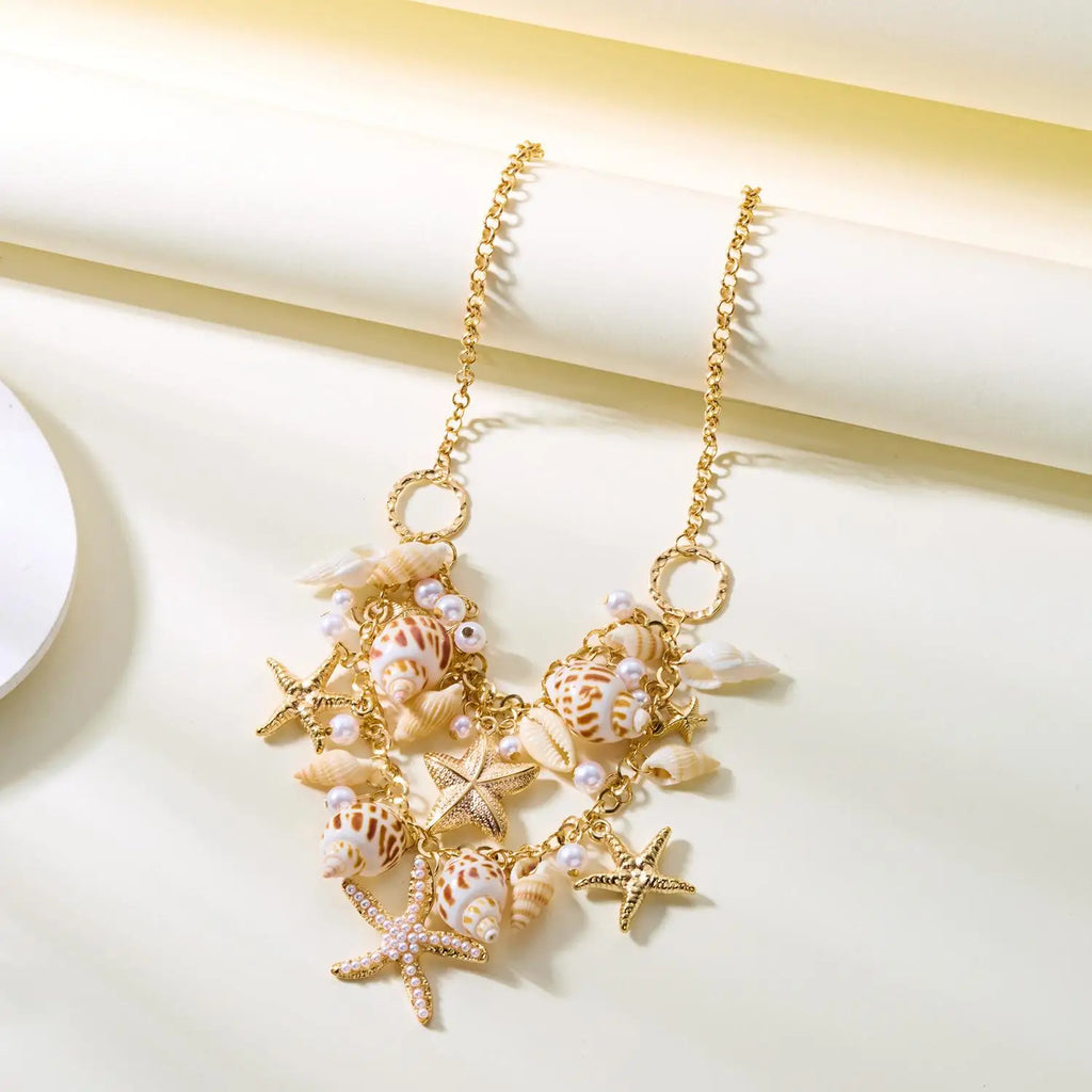 Vacation Bohemian Starfish Necklace Exaggerate Tassel Pendant Waist Chain Pearl Conch Shell Bracelet for Women Oasis Select