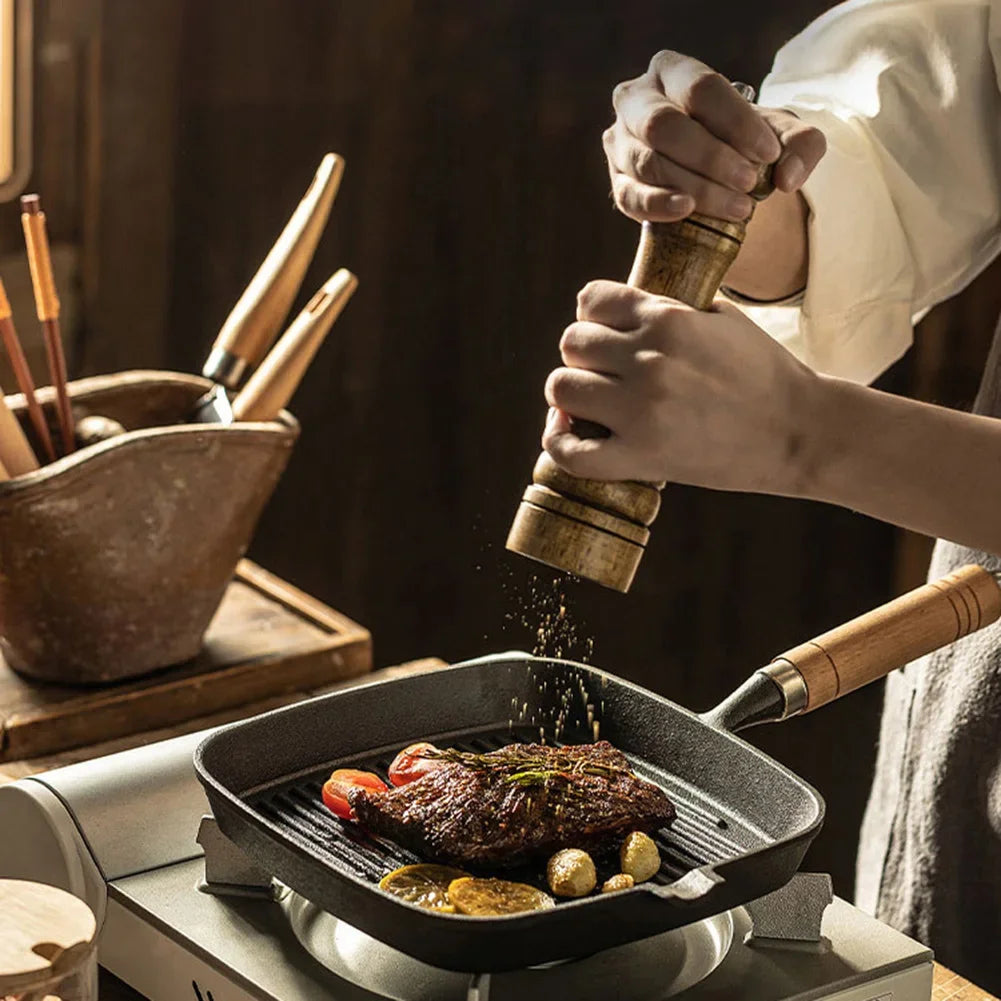 Cast Iron Grill Pan Non-Stick Square Skillet with Drip Spout with Wooden Handle for Indoor & Outdoor Grilling Oasis Select