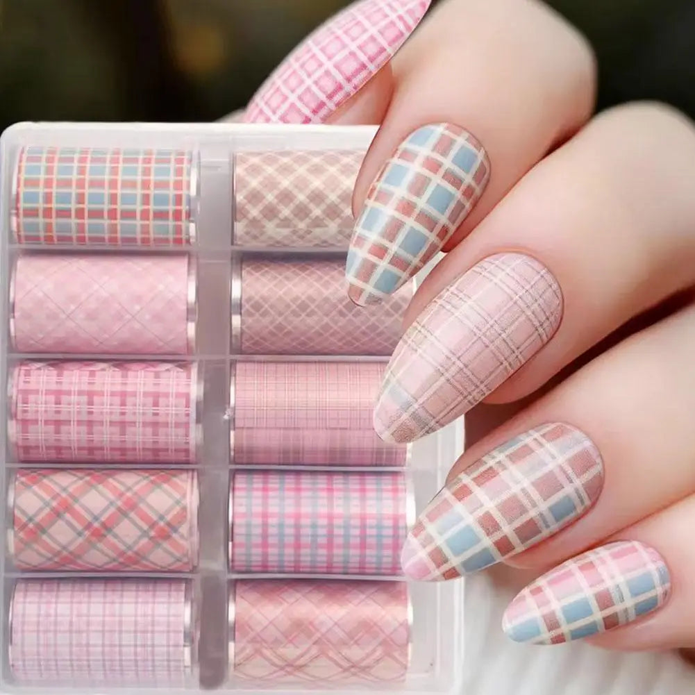 10Roll/Box Plaid/Flower Nail Foil Transfer Stickers for Nail Art Self-Adhesive Nail Decals Foil Paper Decals Nail Supplies Decor Oasis Select