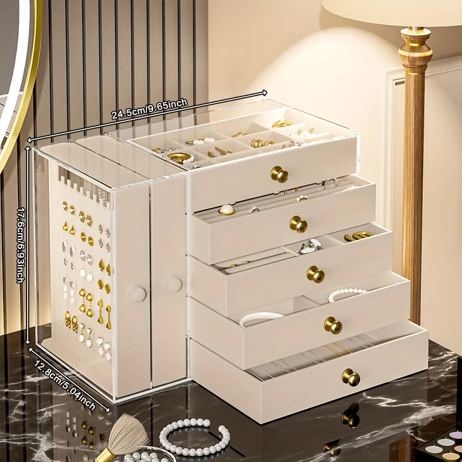 7Layer Flannel Transparent Jewelry Box High Capacity Drawer Organizers Earring Necklace Ring Storage Portable Storage Box Gifts Oasis Select B apricot