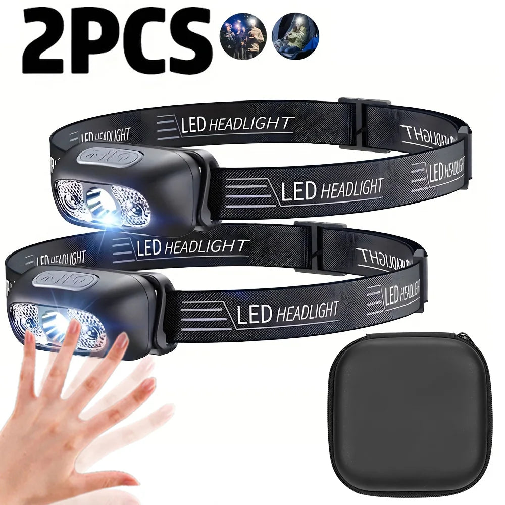 Mini Ultra-bright Sensor Industrial Headlamp Portable LED Headlight USB-C Rechargeable Flashlight for Outdoor Camping Fishing Oasis Select 2PCS-Bag