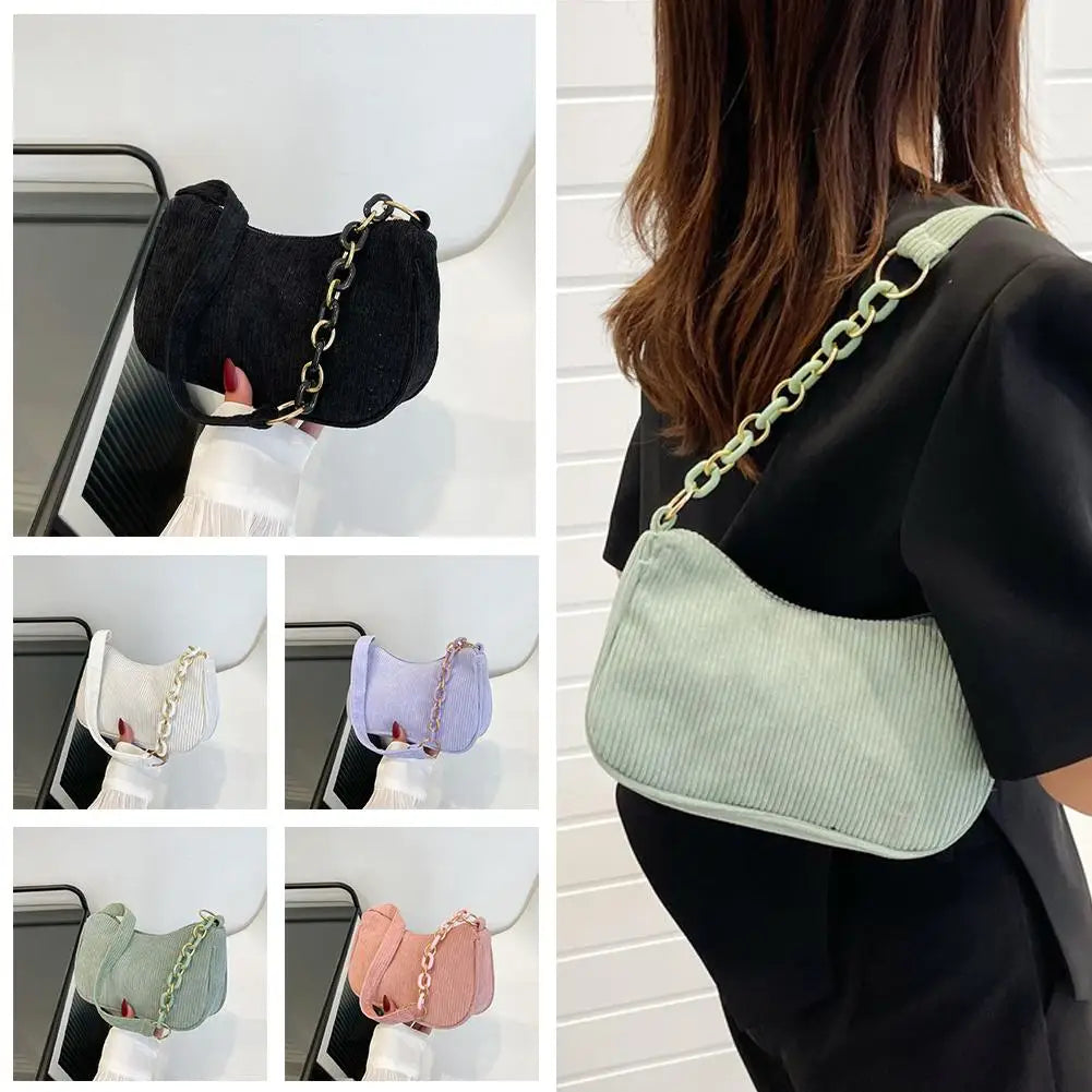 Korean Fashion Vintage Handbags Women Summer Corduroy Underarm Bag Zipper Shoulder Small Bags Female Soft Casual Clutch Handbag Oasis Select