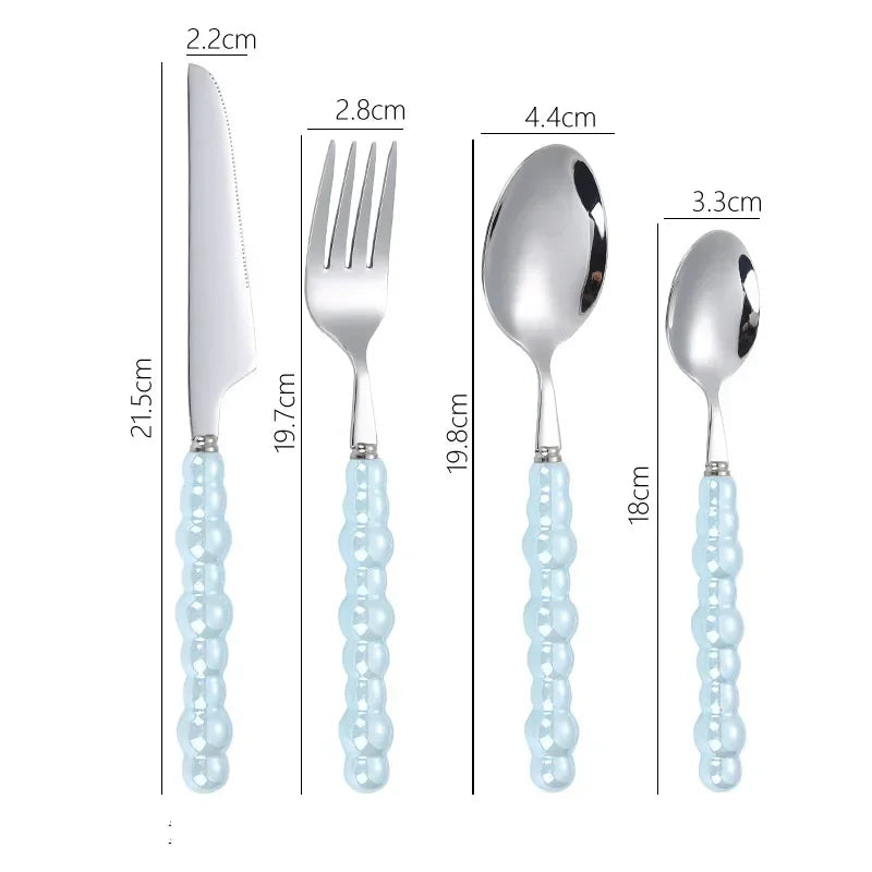 4Pcs/Set Luxury Dinnerware Stainless Steel Spoon and Fork Ceramic Pearl Handle Western Silver Cutlery High-looking Tableware Oasis Select Blue-4pcs