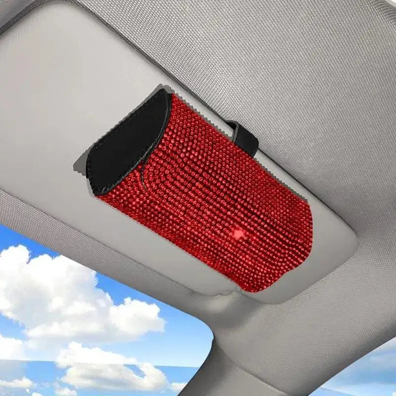Bling Rhinestone Car Glasses Case Sunglasses Storage Box Crystal Auto Interior Accessories Sun Visor Organizer Glasses Holder Oasis Select Red