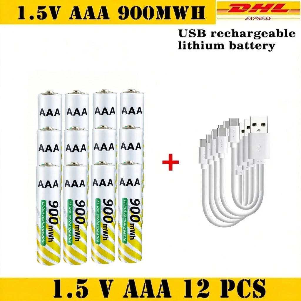 USB-C Fast Charge Lithium-ion AA and AAA Rechargeable Batteries, 3400mWh AA + 900mWh AAA Ideal for Daily Electronics & Toys Oasis Select AAA 12pcs-USB
