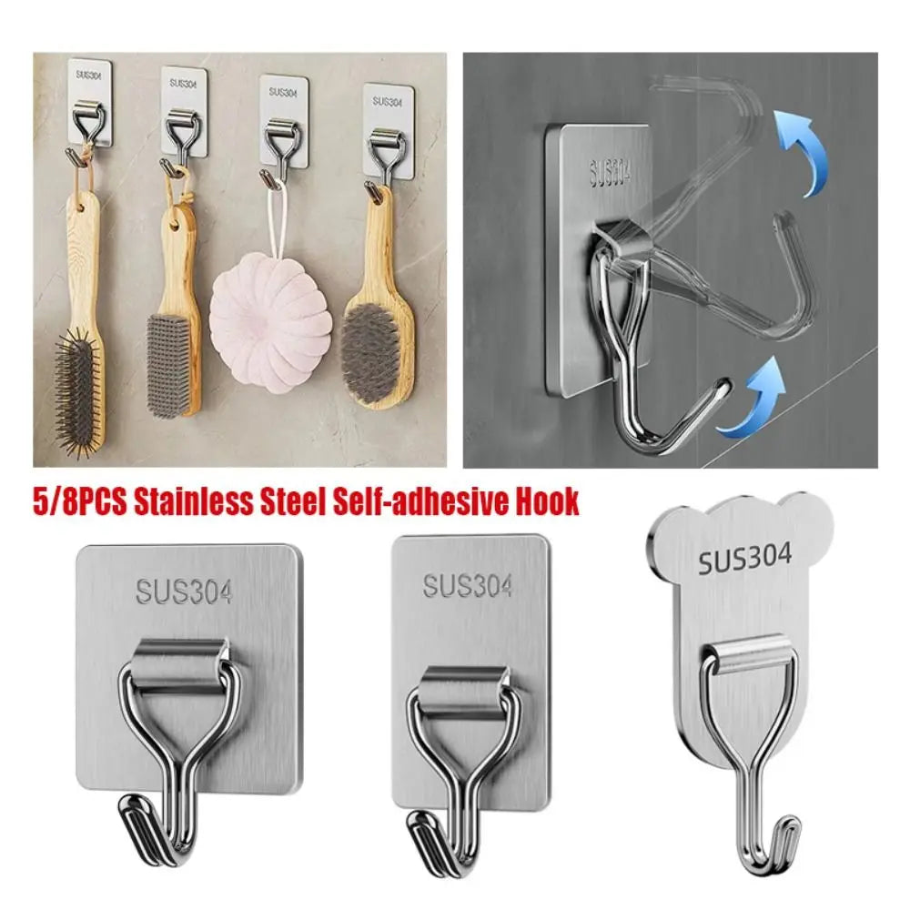 5/8PCS Bear Shape Self-adhesive Hook Stainless Steel No Punching Door Behind Hook Strong Load-bearing Sticky Hook Home Oasis Select