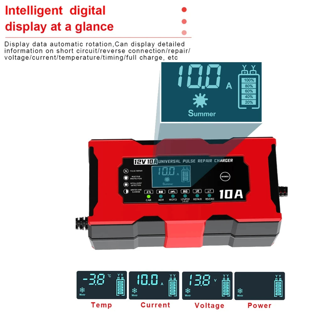 12V 10A Car Battery Charger Pulse Repair Smart Charger For Lifepo4 Lead Acid AGM GEL PB Lithium Battery Car Charger LCD Display Oasis Select