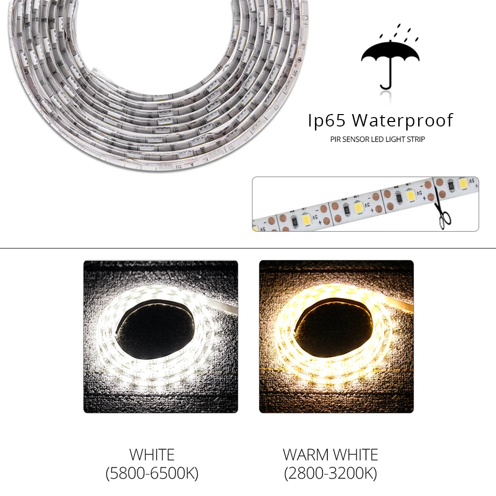 1-5M PIR Motion Sensor Strip Lights DC12V Waterproof LED Under Cabinet Lamp For Bedroom Kitchen Closet Stairs Bedside Nightlight Oasis Select