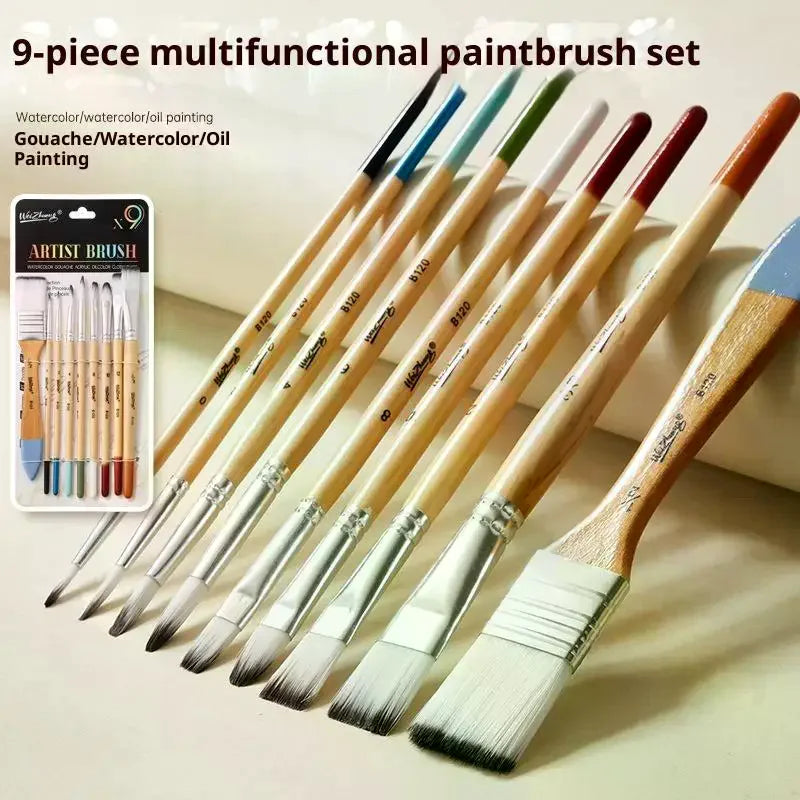 9pcs Beginner Brush Set Nylon Hair For Canvas Watercolor Acrylic Oil Painting Artist Painting Tools Art Supplies Oasis Select