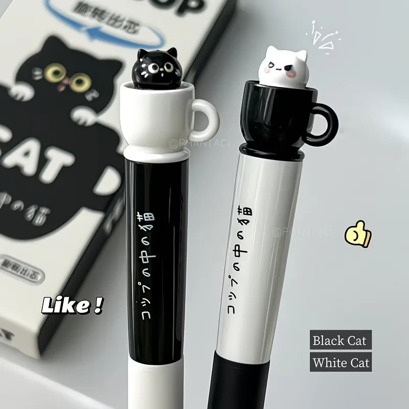 1/4pcs Cute cat-themed ballpoint pen - 0.5mm quick-drying black ink, twist-up design, ideal for office and school supplies. Oasis Select