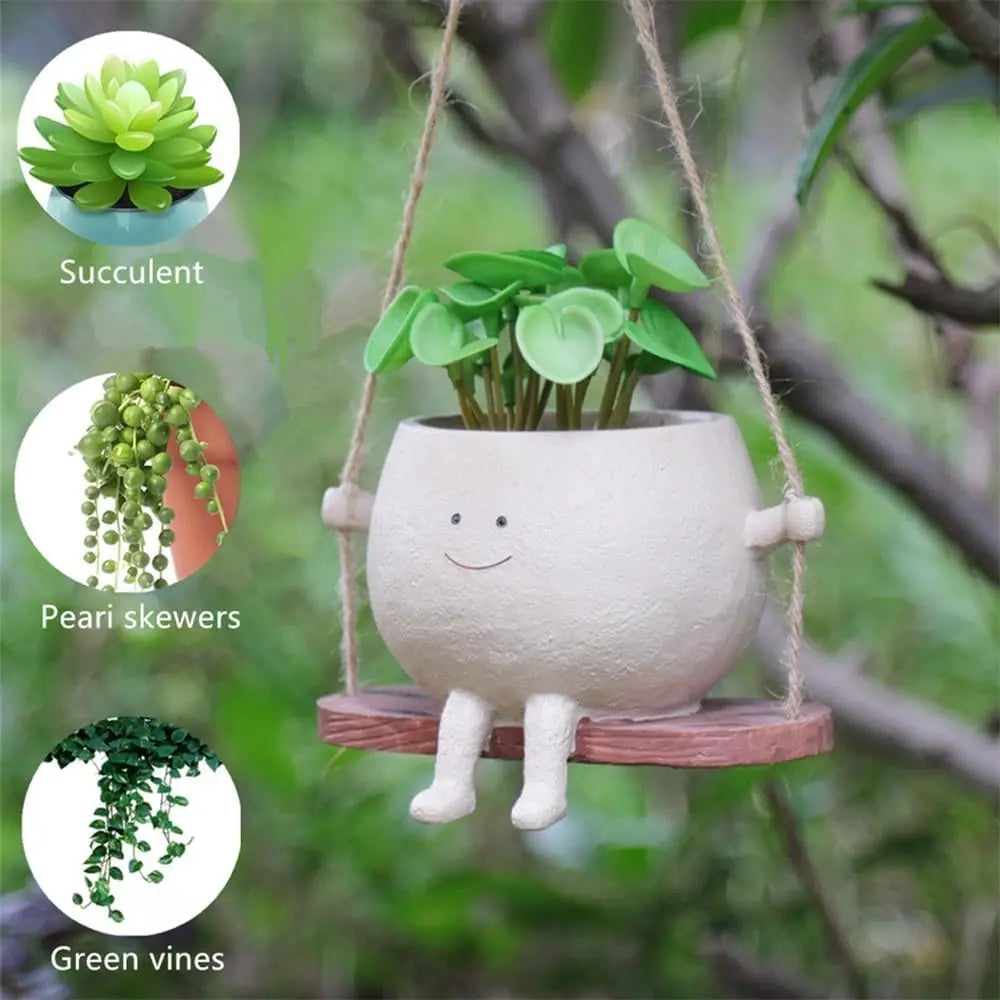 Face Planter Pot Hanging Resin Head Vase Swinging Succulent Indoor Home Decor String Pearls Flower Pot Gift Oasis Select