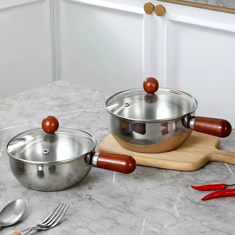 1pc Korean Ramen Pot with Lid, Stainless Steel Wooden Handle Noodle Cooker, 1-2 Person Instant Noodles Pot Induction Compatible Oasis Select