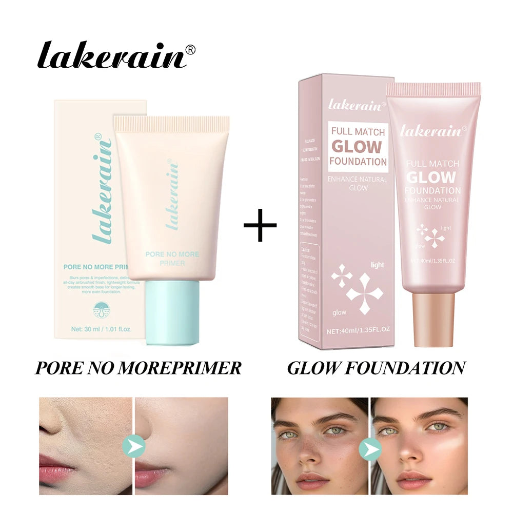 Pore No More Primer & Glow Foundation Set Moisturize Brighten Skin Long Lasting Oil Control Waterproof Sweatproof Primer Kit Oasis Select
