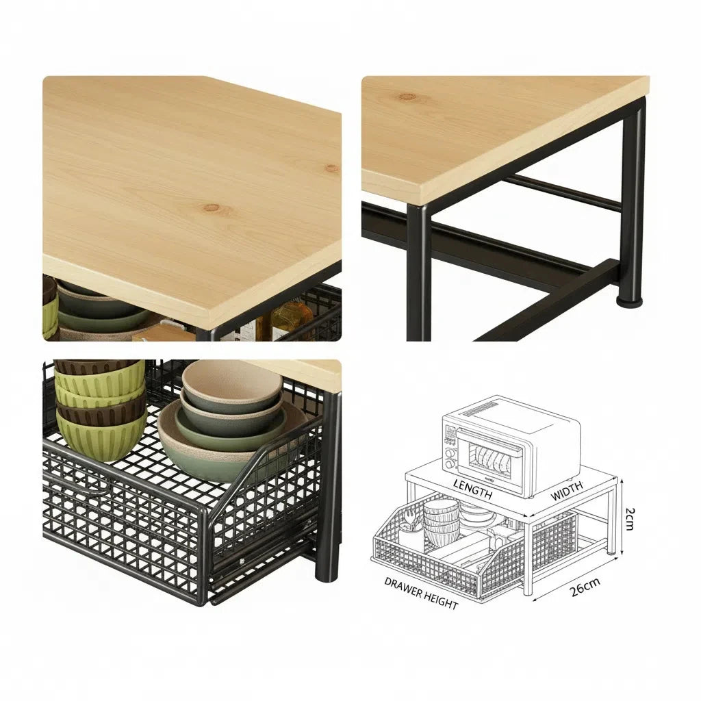 Metal and Wood Microwave Rack with Pull Out Drawer Multi Layer Countertop Kitchen Organizer for Coffee Maker Utensils and Tea Oasis Select