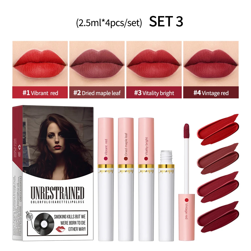 4pcs/set Velvet Lip Gloss Matte Liquid Lipstick Waterproof Long Lasting Tint Cigarette Tube Pigment Red Pink Makeup Oasis Select set 3
