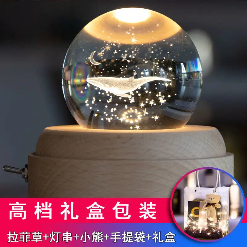 Bird's Poem Whale Crystal Ball Music Box Rotating Ornament, Music Box Creative Light Gift Ornament Oasis Select Whale Moon Bird Poetry Music
