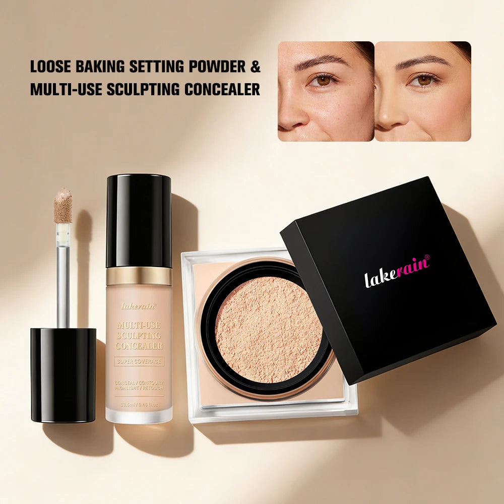 2pcs Face Makeup Set With Concealer And Loose Setting Powder Natural Face Smooth Matte Finish Women Cosmetics Korean Makeup Oasis Select