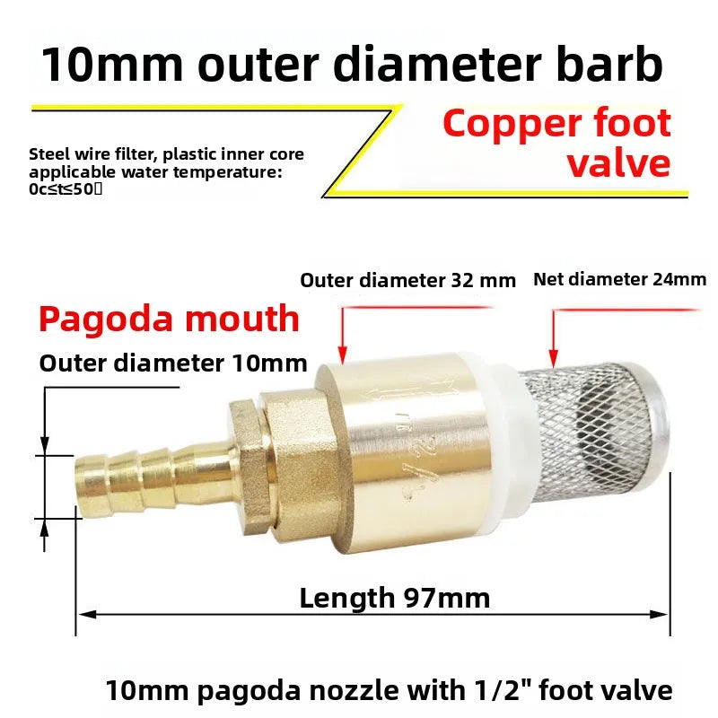 Copper Tower Bottom Valve with Filter Screen Check Valve, Self-priming Pump Inlet Anti Backflow Spring Insertion Pipe Filter Oasis Select Outer diameter 10mm 6-point bottom valve
