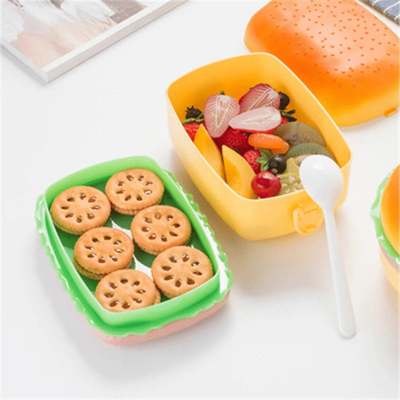 Hamburger Lunch Box Double Tier Cute Burger Bento Box Microwave Food Container Fork Tableware Set Oasis Select