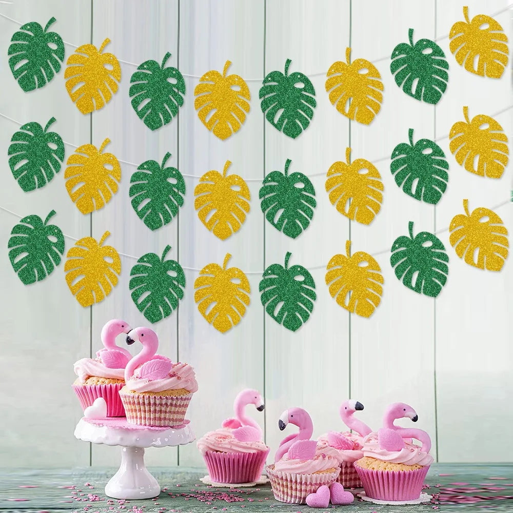 Glitter Tropical Leaf Banner, Monstera Palm Leaves Garland, Hawaiian Luau Party Decorations for Birthday Baby Shower Wedding Oasis Select
