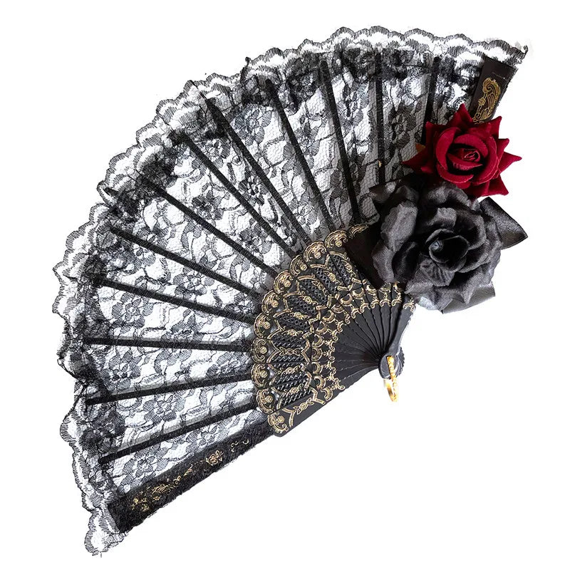 Lolita Gothic Fan Victorian Female Lace Hand Fan Vintage Black White Red Rose Bamboo Fans Cosplay Halloween Party Supplies Oasis Select A as pictures