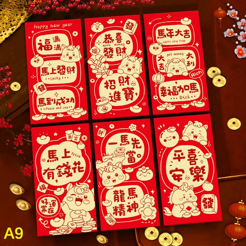 6Pcs/set Chinese New Year Money Envelope Horse Year Red Envelope Red Pocket Spring Festival Envelope Oasis Select A9